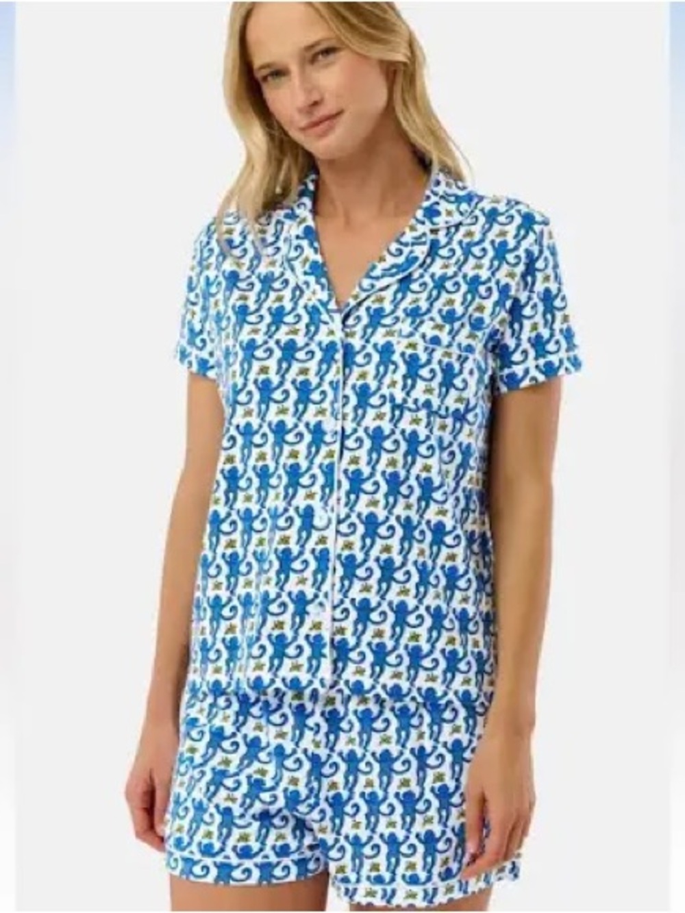 Blue & White Short Pajama Set with Playful Monkey Print